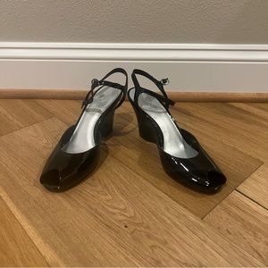 Ann Taylor Loft black patent leather peep toe wedge heels